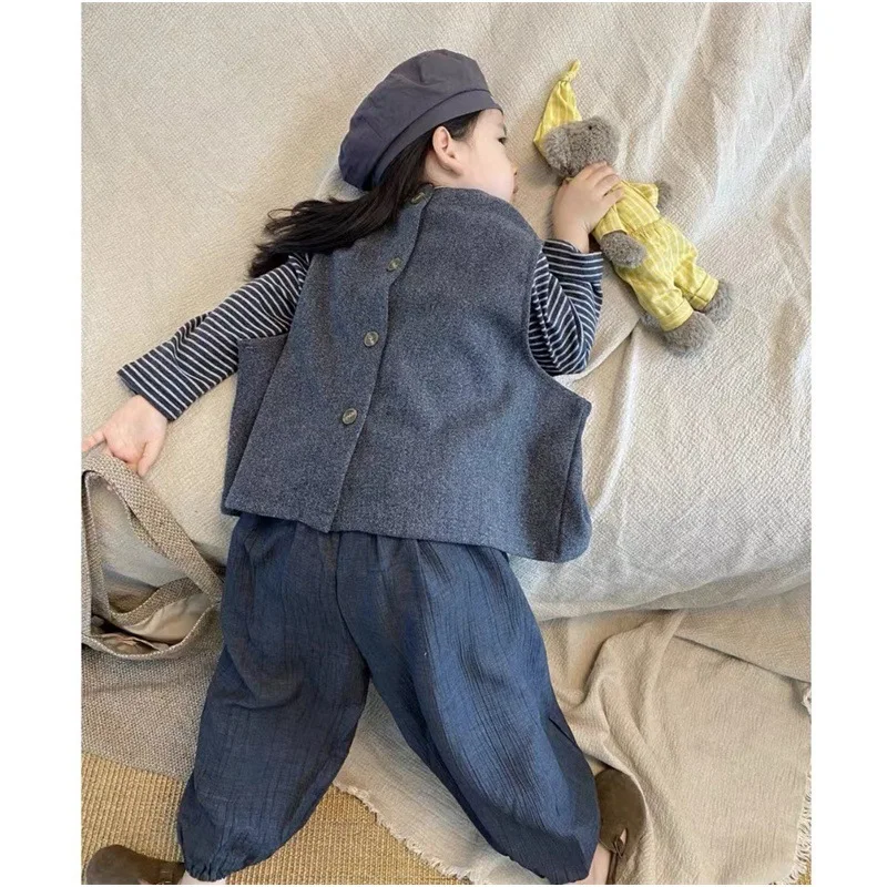 Childrens Set Autumn New Girls Fashionable Woolen Vest Striped T-shirt Casual Ankle Pants Three Piece Set Kids Clothes image 2
