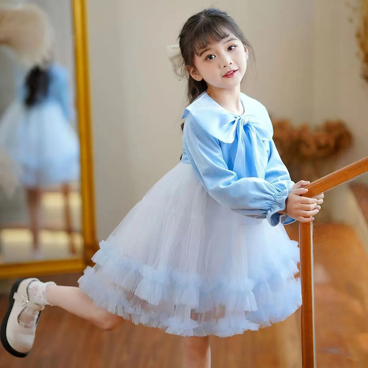 2024 autumn new girls dress long-sleeved gradual change color fluffy cake dresses корейский стиль одежда