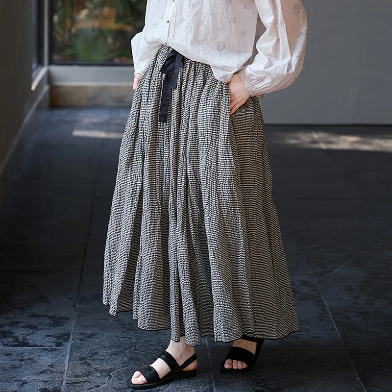 สูงเอวผ้าฝ้ายลินินกระโปรงยาวผู้หญิงใหม่มาถึง 2025 ฤดูใบไม้ร่วงสไตล์วินเทจลายสก๊อตหลวมผู้หญิงสบายๆกระโปรง M1834