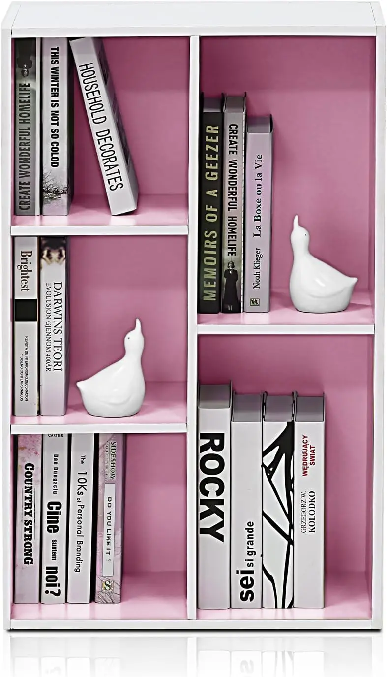 رف كتب قابل للعكس مكون من 5 مكعبات، تخزين حديث لغرفة المعيشة والمكتب، أبيض/وردي #5