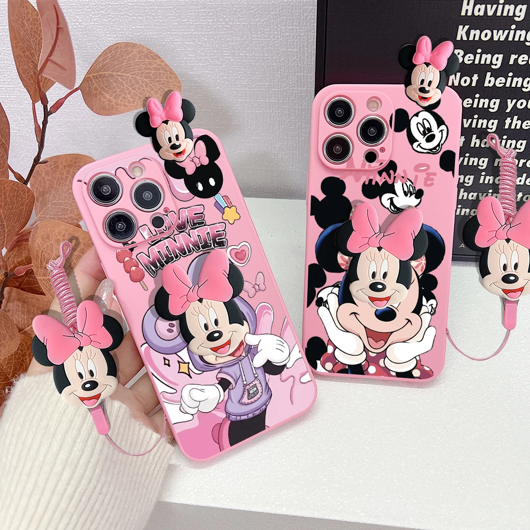 Cartoon Mickey Minnie Soft Case With Holder Rope Cover For iPhone 16 15 14 13 12 Mini 11 Pro X XS Max XR 7 8 6 6S Plus SE 2022