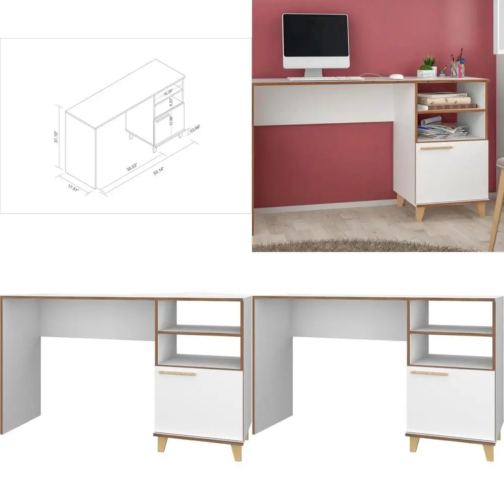 

Офисный стол Mid Century 53, белый, с 2 открытыми полками, 1 скрытой полкой, ножками из массива дерева и металлическими петлями.