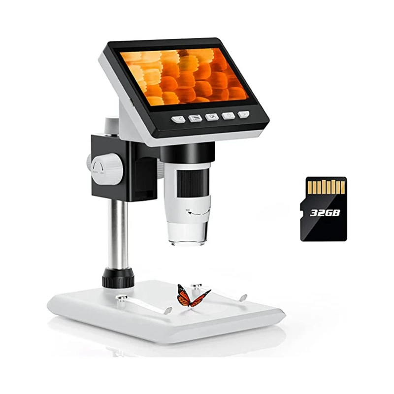 Coin Microscope 4.3Inch LCD Digital Microscope 1000X IPS Screen 8 LED Lights PC View (32GB Micro-SD Card Included)