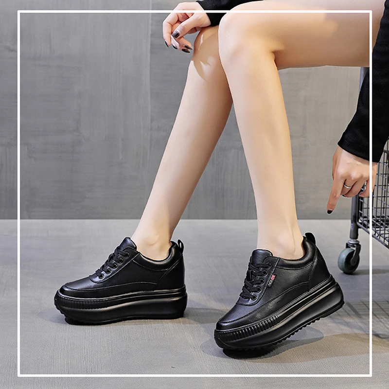 Spring Autumn Genuine Leather Shoes Women Fashion Sneakers Ladies Flat Platform Black White Shoes Height Increasing 8cm D568
