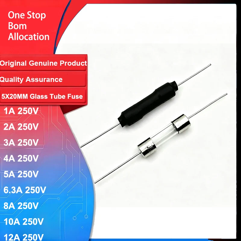 5X20MM Glass Tube Fuse with Axial Pigtail Leads 250V 10A 12A 12.5A 15A Glass Cartridge Fuse for Arduino Diy