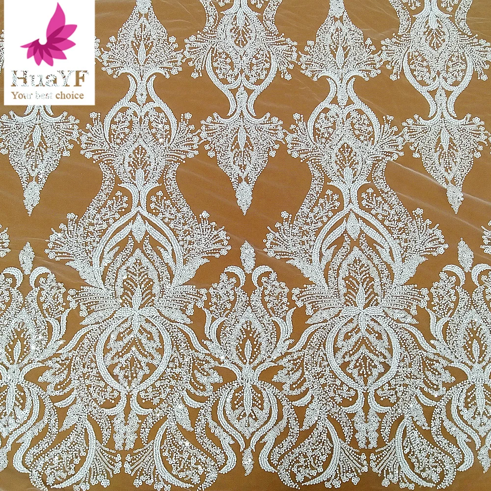 

1 ярд, высокое качество, нигерийское белое свадебное жемчужное кружево, новый стиль, 3D бусины, тюль, ткань HY2615-1