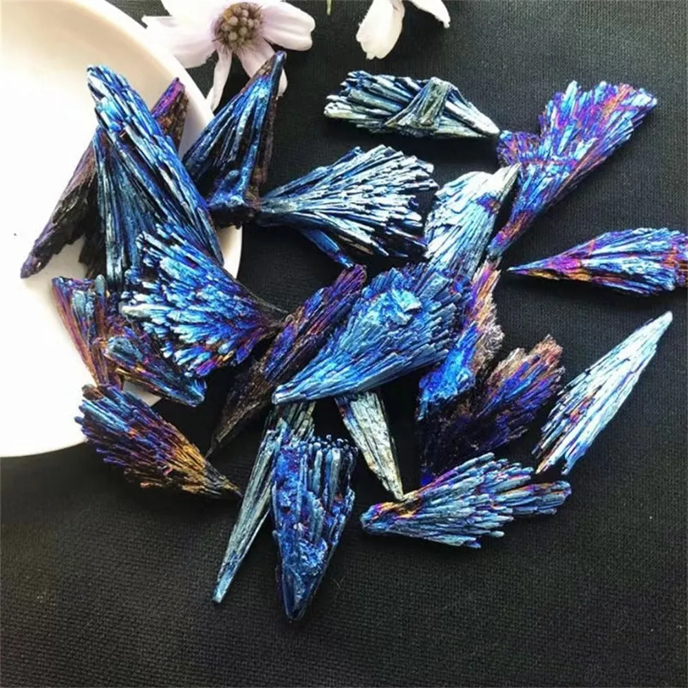 Wholesale electroplating black tourmaline peacock blue feather pine needle flame specimen mineral crystal cluster original stone