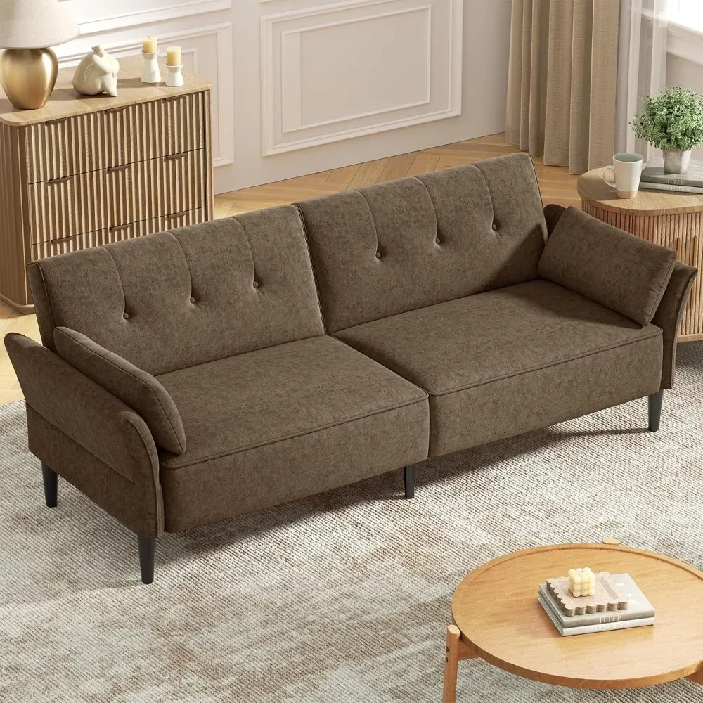 

Fabric Comfy Futon Couch Bed with 2 Square Pillows, Convertible Sleeper Sofa with Adjustable Backrest& Armrests