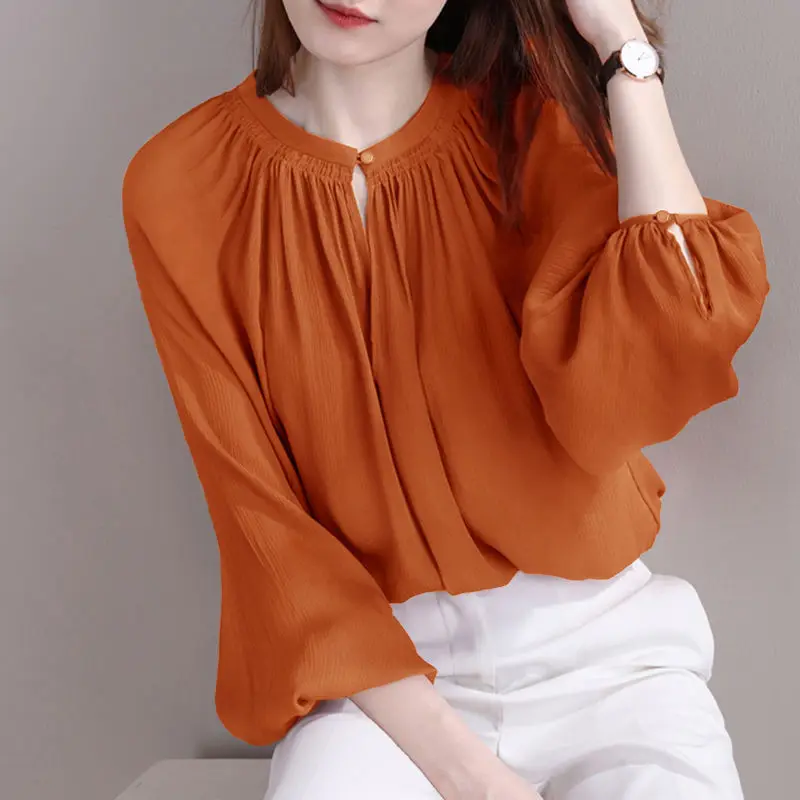 Fashion Crew Neck Lantern Sleeve Spring Autumn Oversized Chiffon Blouse Loose Casual Long Sleeve Commute Women\'s Clothing Shirt