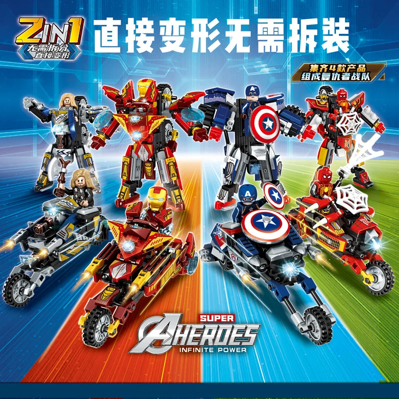 Superheroes 2 In 1 Marvel Movie Avengers Clan Transforming Mecha Motorcycle Model Building Blocks Bricks Classic Kids Toys Gifts