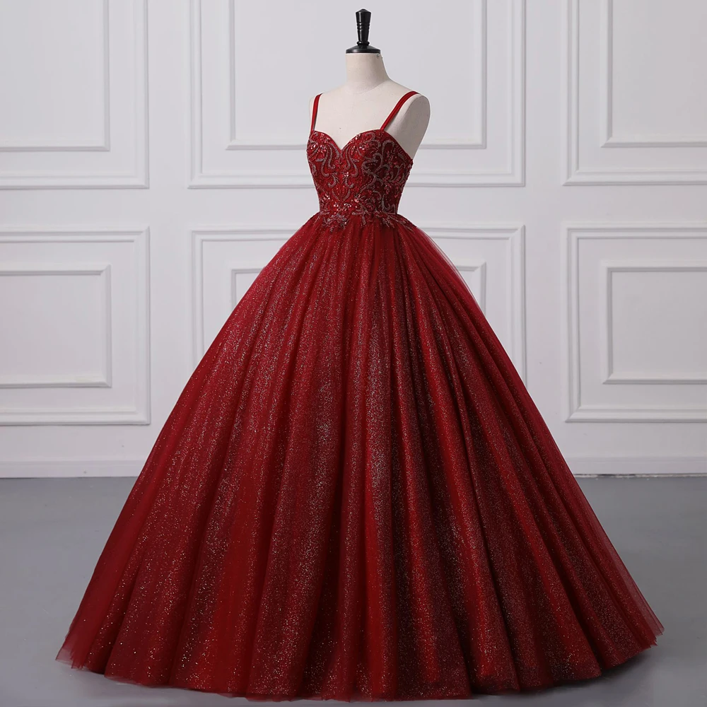 Women Luxury Sequined Beading Evening Dresses Burgundy Tulle Spaghetti Strap Formal Party Prom Ball Gowns Lace Up Robe De Soiree