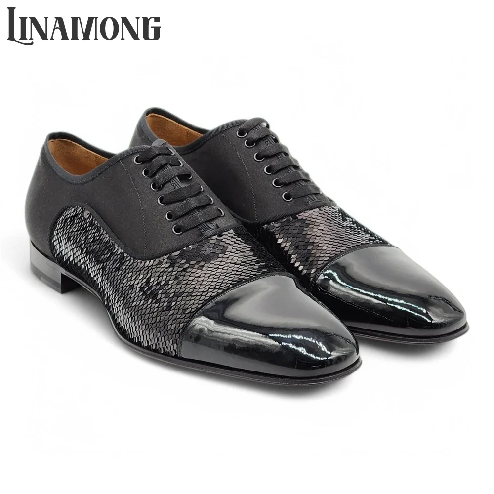 Black Sequin Fabric Leather Oxford Shoes Shining Lace-Up Leather Shoes Designer Fashion Style Banquet Stage Dress Shoes for Men
