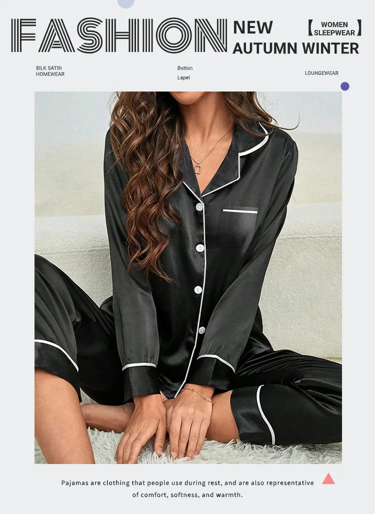 Plus Size Pyjamas Damen Herbst und Winter Eisseide Langarm Zweiteiliges Set Loungewear Nachtwäsche Damen Einfarbige Nachtwäsche – Detail 2