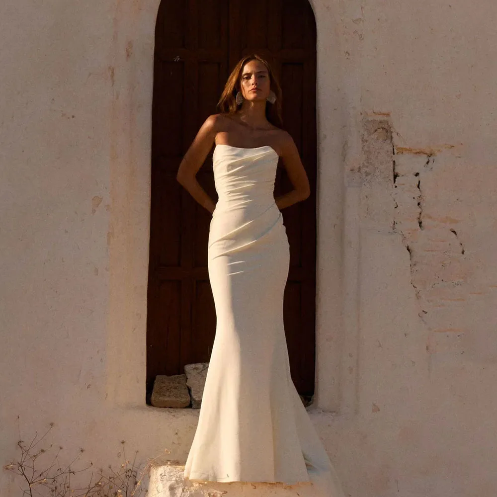 

MCDV Strapless Mermaid Wedding Dress 2026 Simple Pleat Long Train Sleeveless Satin vestidos de novia Button Back Customized