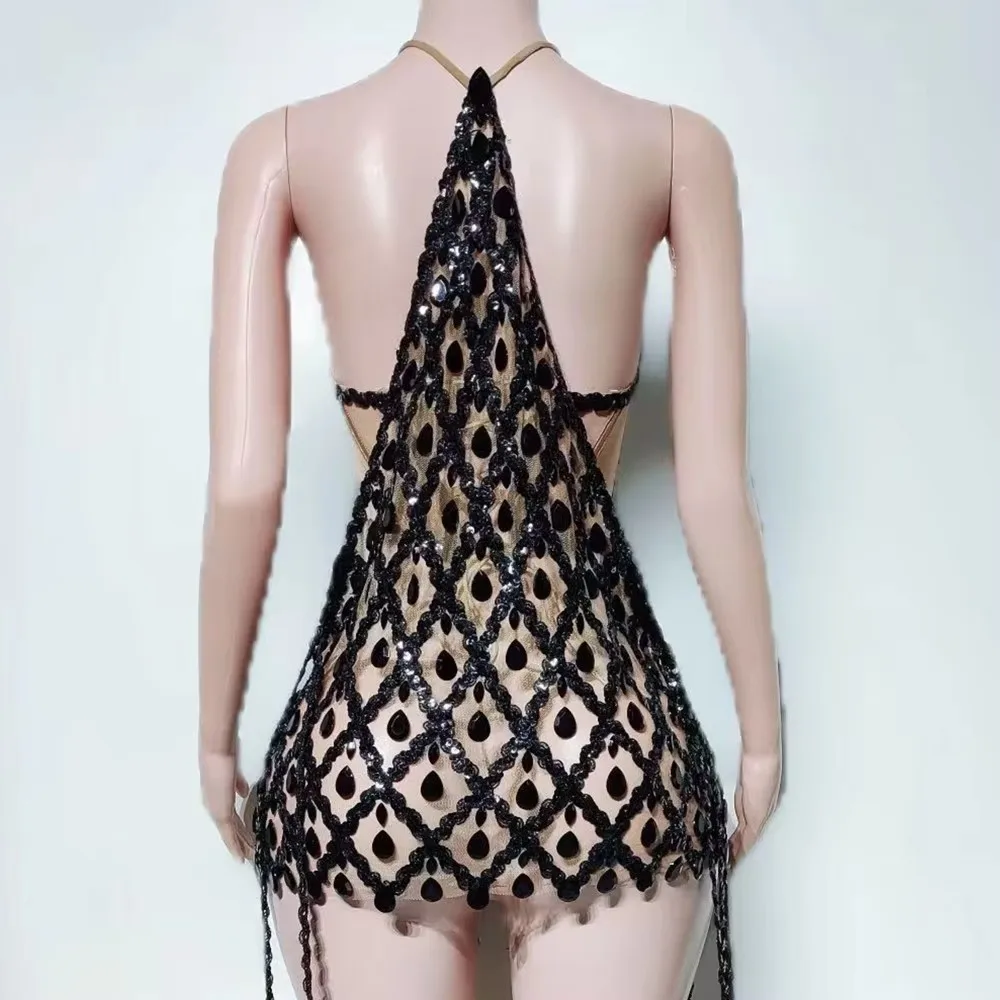 Women's Sexy Mini Dress Black Rhinestones Mesh Club Party Birthday Nightclub DJ Singer Stage Performance Fashion Costume