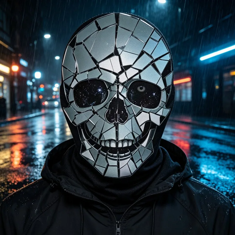 Customization 1pc Broken Mirror Skull 3D Print Balaclava Hood, Halloween, Carnival, Cosplay, Prank Party Prop, Without Battery