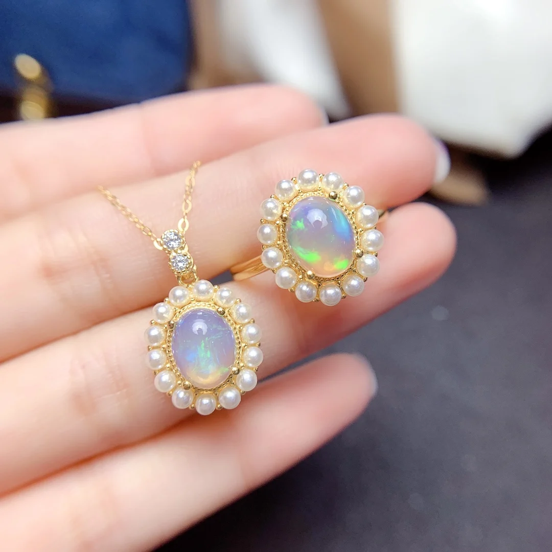 100% Opal 925 Perak Murni Set Perhiasan Wanita Alami Multiwarna Batu Permata Kalung Cincin Set Perhiasan Pernikahan Gratis Pengiriman