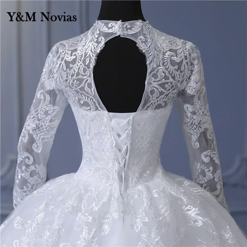 Marfim vestidos de casamento de manga cheia apliques de renda longo bordado com decote em v tule musselina vestido de noiva vestidos de novia princesa 2022