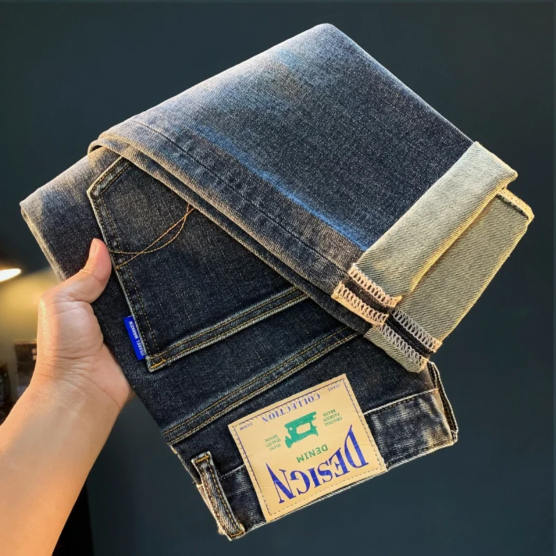 High-end herenjeans, herfsttrend 2022, gewassen Amerikaanse casual kleine rechte elastische broek heren