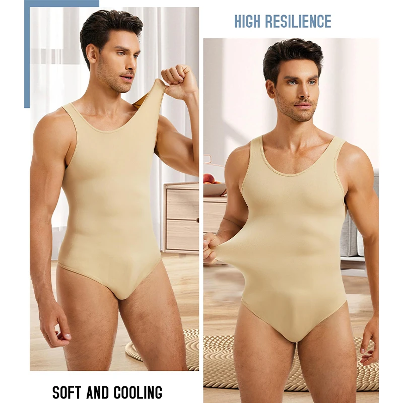 Mens Shapewear Tummy Control Full Body Shaper with Seamless Elastic Round Neck Slimming Bodysuit Sleeveless Undershirts