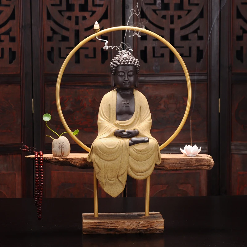 Chinese Zen-Style Maitreya Backflow Incense Burner, Large Living Room Entryway Ornament, Ceramic Decorative Buddha Statue