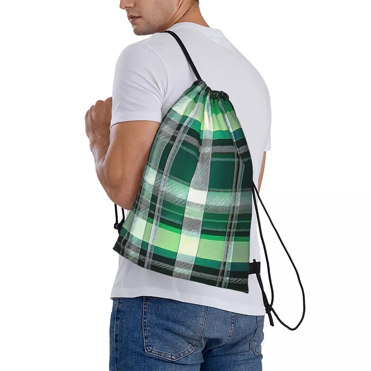 Sacs à dos en tartan vert pour hommes et femmes, sacs à ficelle de proximité portables, sac de sport à poches groupées, cartable d'école