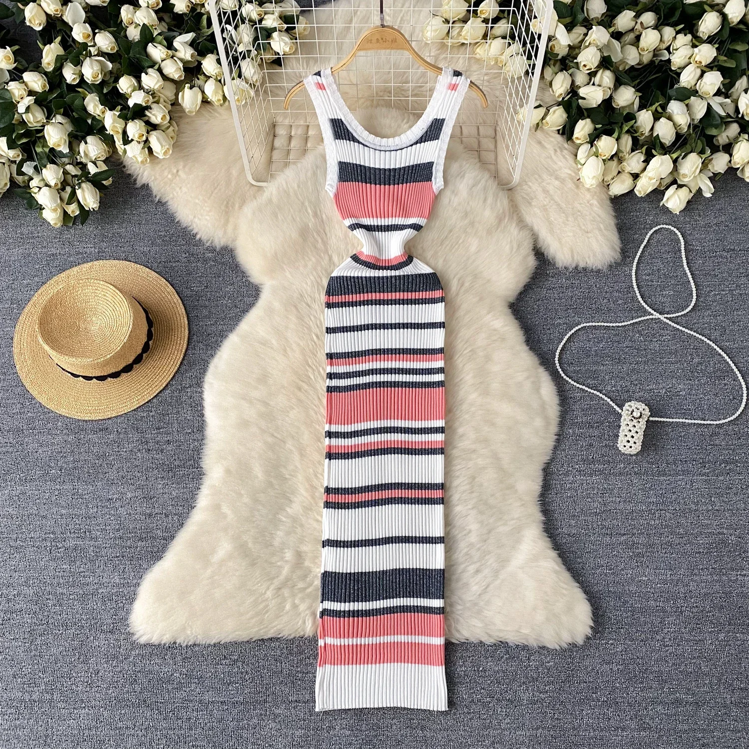 2024 Summer Strip Knit Sexy Strap Dress Women Tank Elatic Waist Bodycon Sundress Female Beach Long Dress