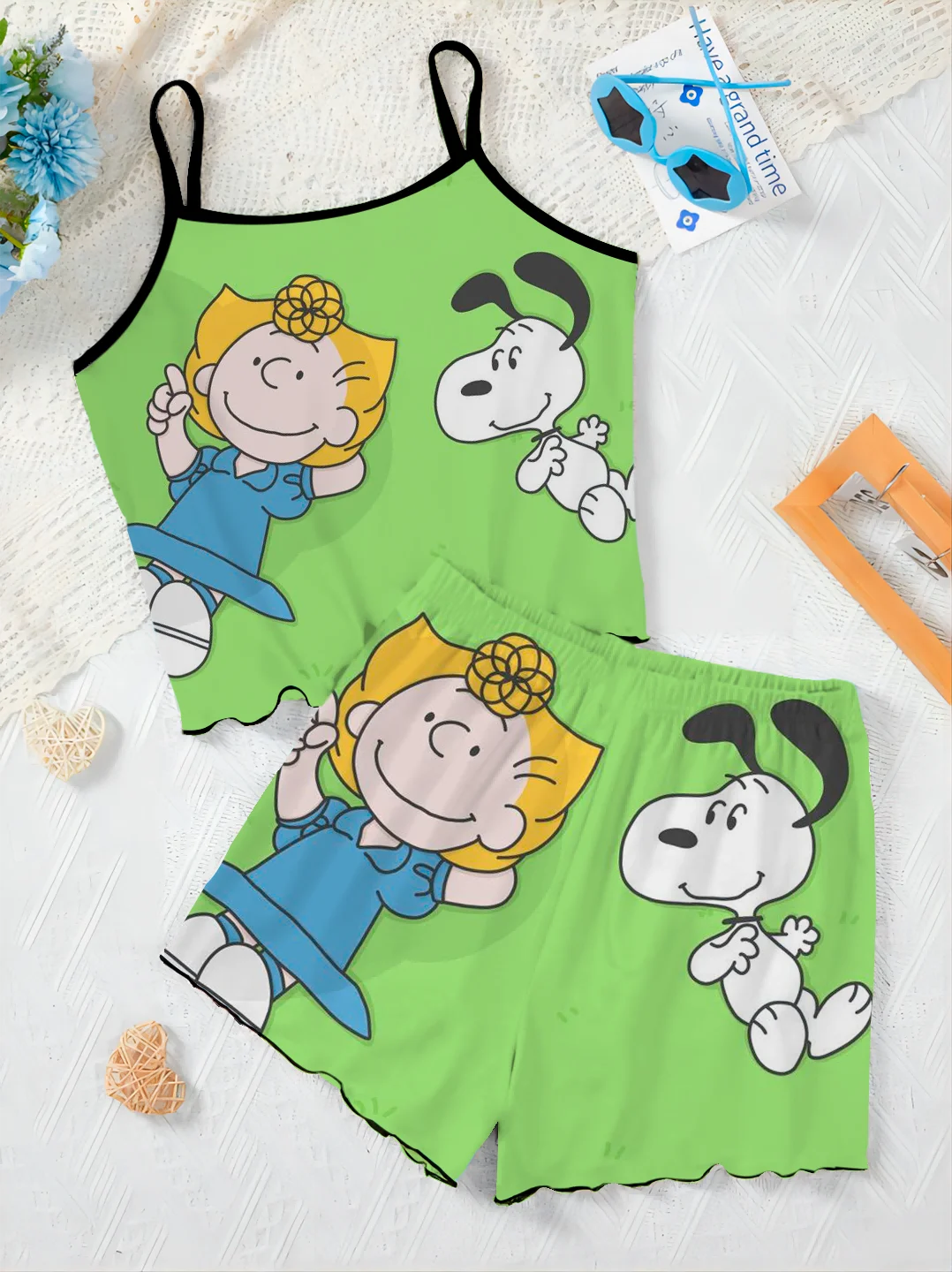 T-shirt pigiama gonna Snoopy pantaloni Set per le donne 2 pezzi lattuga Trim Top Slip Dress corto elegante completo da donna donna Chic