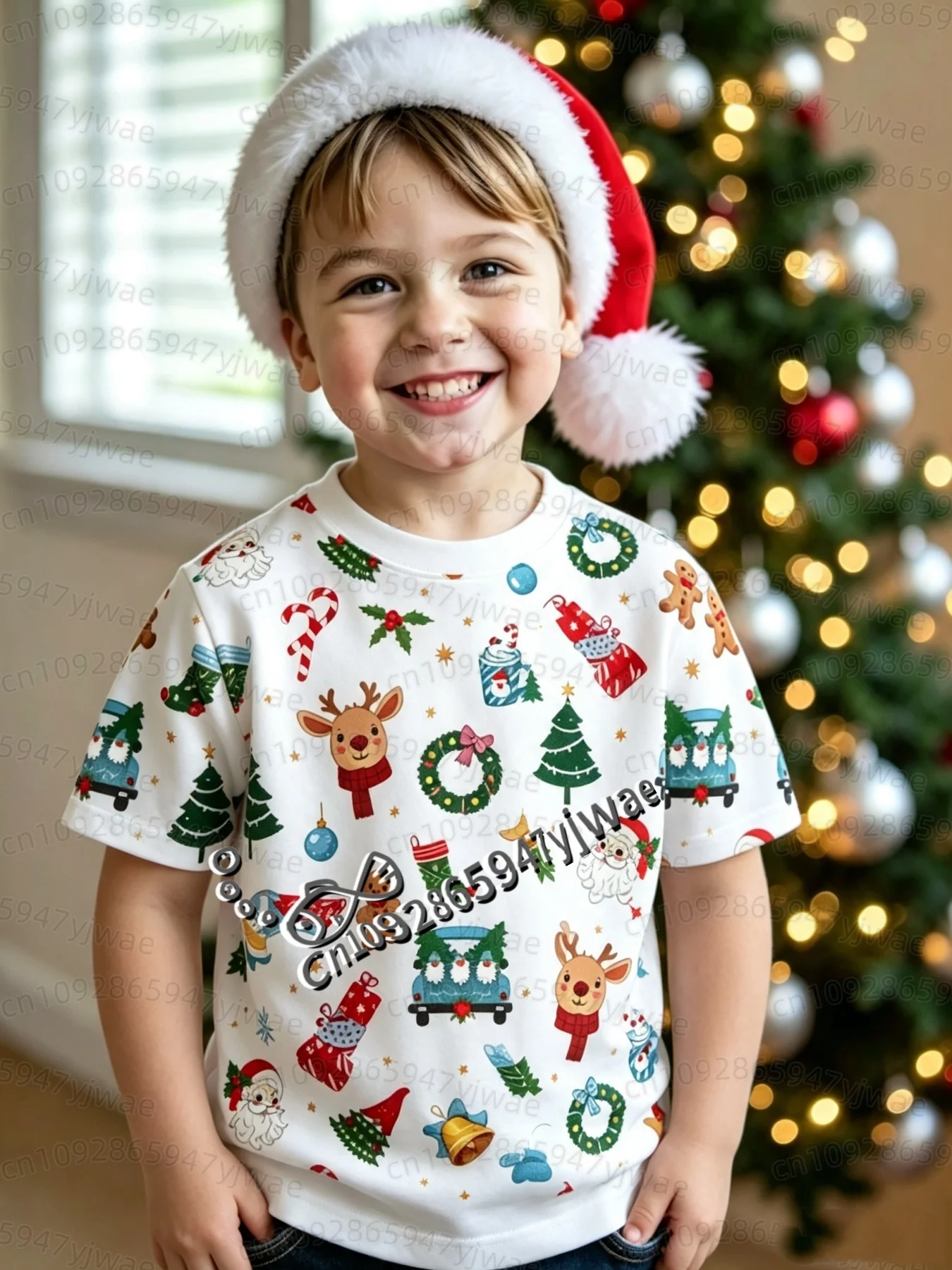 2026 Winter Boys Girls T-Shirt Christmas Tree Santa Claus Print T Shirt Family Christmas Party Kids Adult O-Neck Cosplay T-Shirt