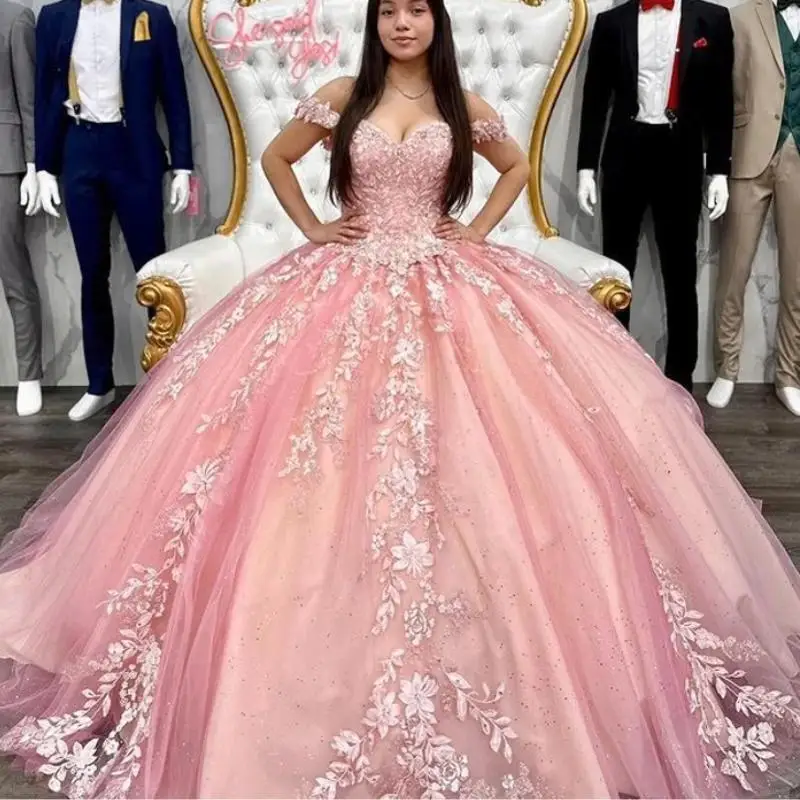 

Customized Pink Sweetheart Ball Gown Quinceanera Dresses Off-Shoulder Vestidos De 15 Anos Applique Party Gown Corset Back