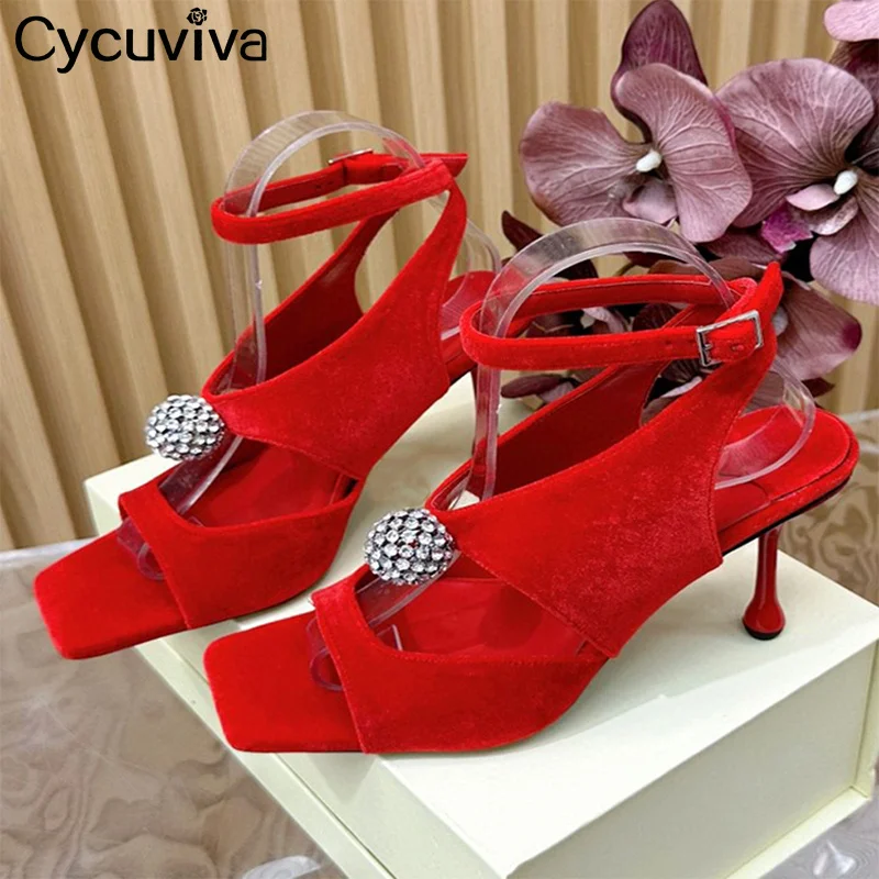 Summer Brand High Heel Sandals Women Square Toe Suede Gladiatus Bridal Shoes Designer Sexy Runway Party Banquet Sandals Woman