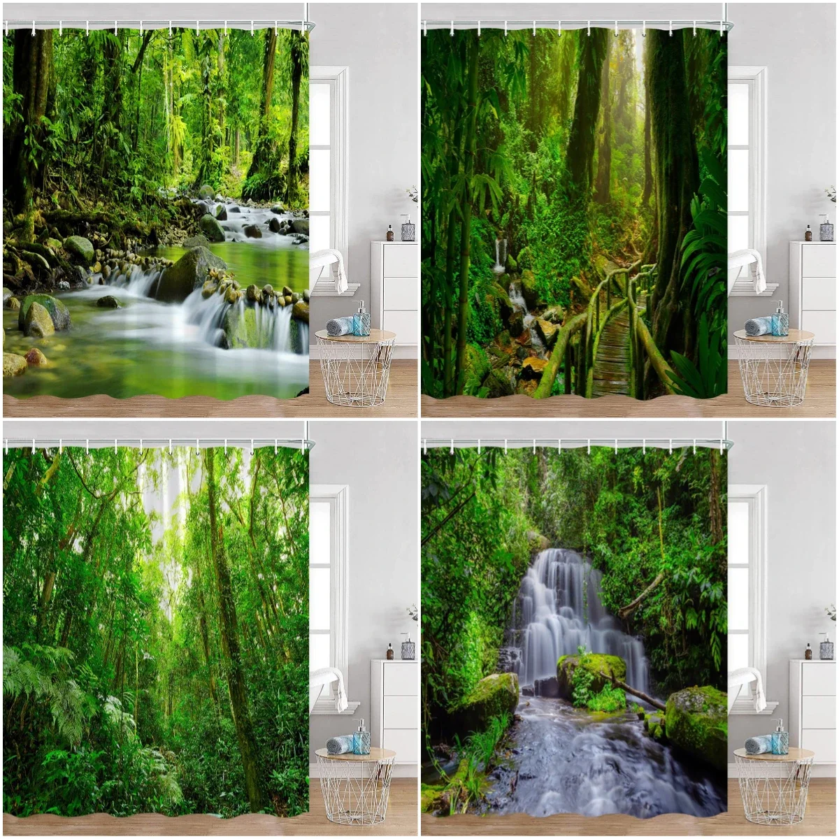 Forest Shower Curtains Natural Landscape Trees River Waterfall Nature Bathroom Curtains Plants Polyester Home Decor for Bath