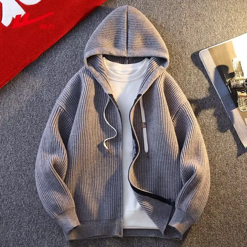 

Новинка 2025, мужская вязаная толстовка с капюшоном, кардиган, осень-зима, повседневная, удобная, из мягкого полиэстера, длинная застежка-молния