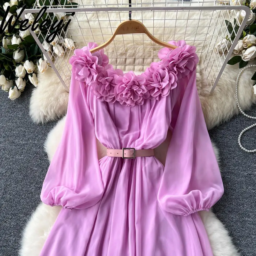 

French Three-dimensional Flowers Off Shoulder Dress 2025 Spring New Elegant Women's Long Lantern Sleeve Split-ended Long Dresses