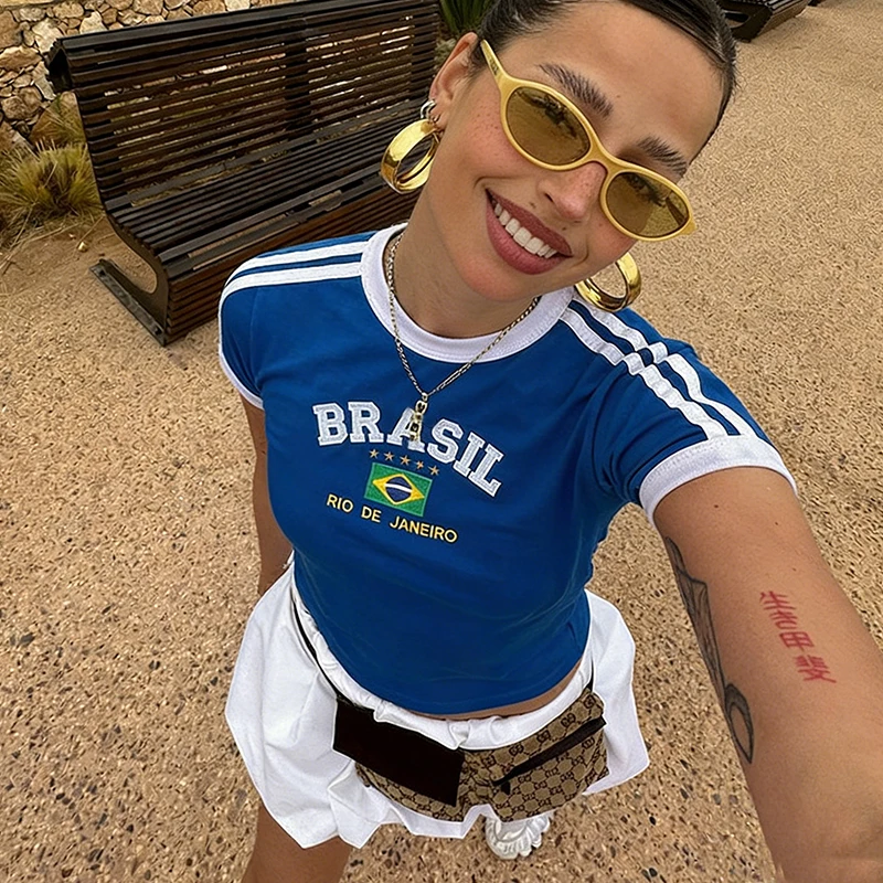 European American Summer Color Blocking Splicing Tight High Street Fashion Round Neck Short Sleeve Top Women's Clothing T-shirt