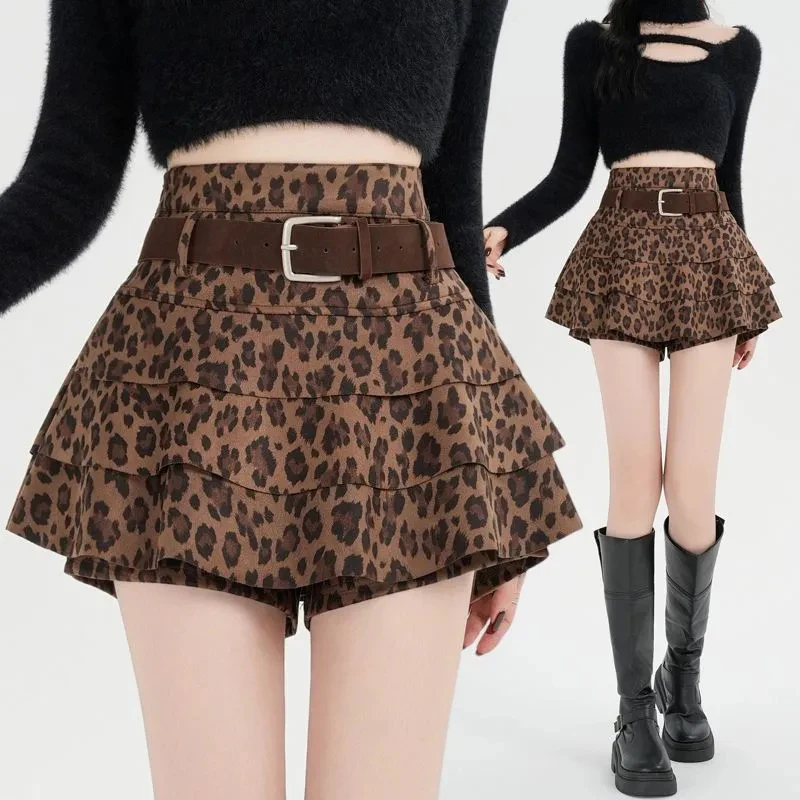 Vintage Leopard Mini Skirts Women Hottie Streetwear Ruffles A Line Cake Skirt American Retro Summer Belt Casual High Waist Skirt