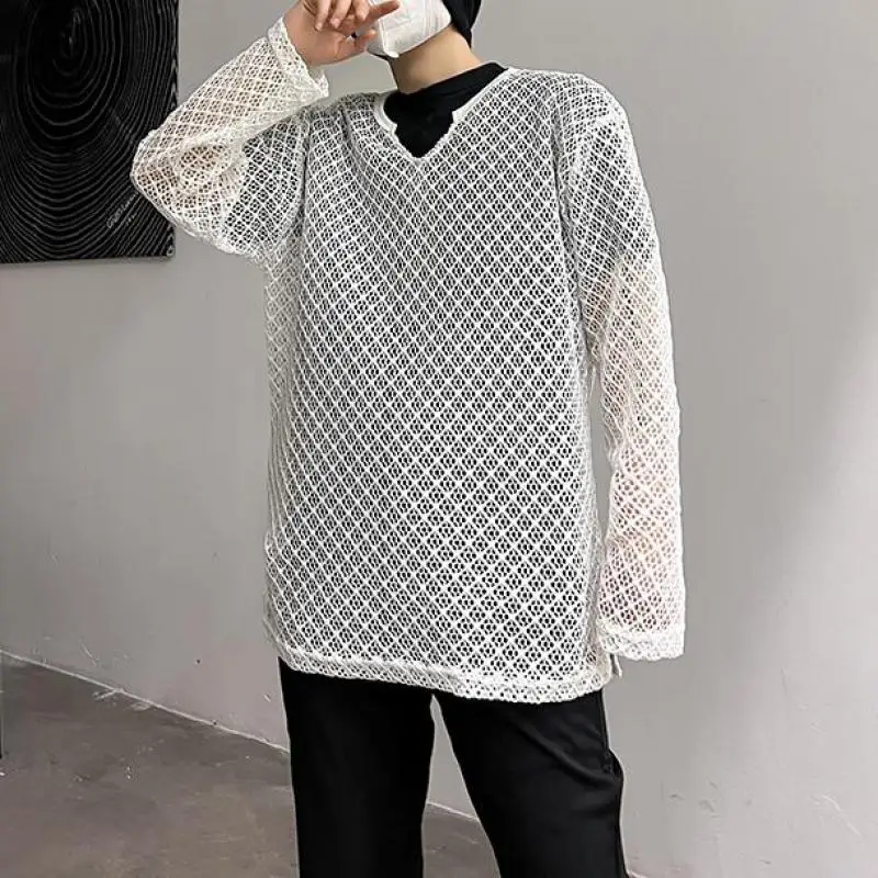 

Korean Fashion Clothing White Mesh Hole Loose Oversize Custome See Through Blouses Large Size Sun Protection T Shirt Transparent