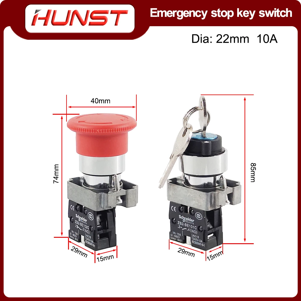 Pulsante di arresto di emergenza Hunst interruttore a chiave NC NO AC15 10A per macchina da taglio per incisione Laser CO2 e macchina per marcatura