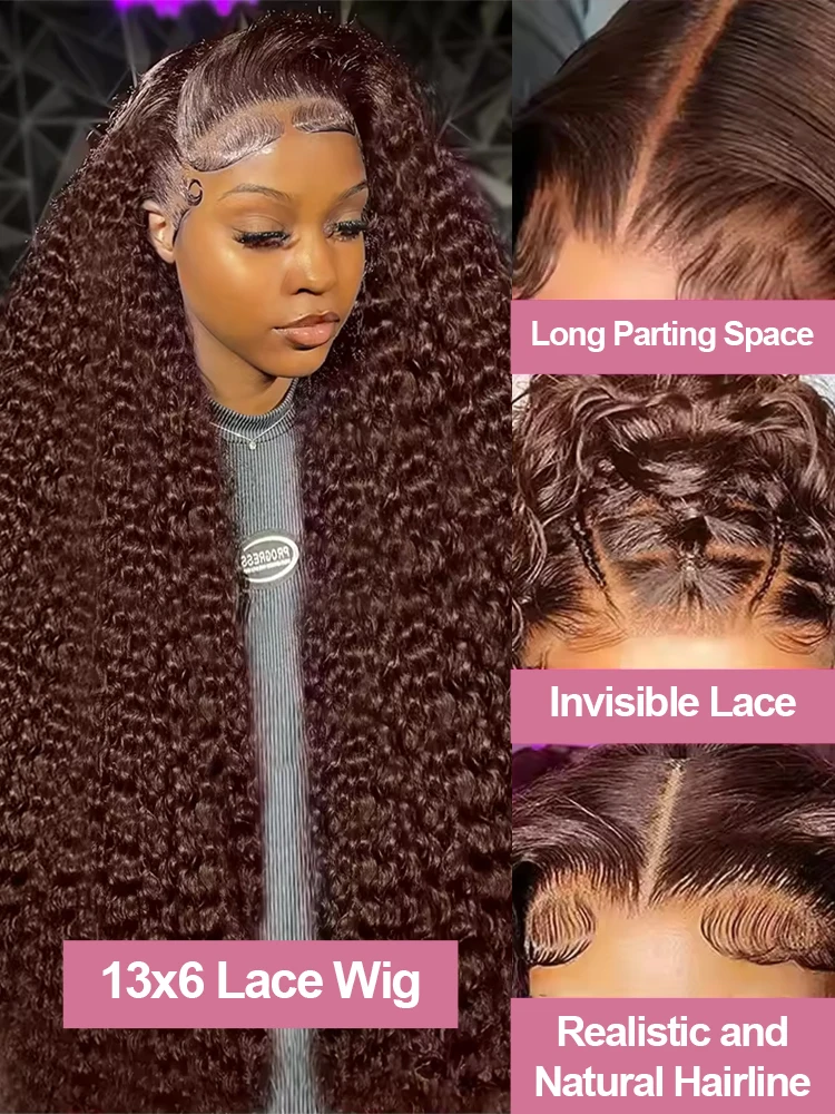 30 40 Inch Chocolate Brown Deep Wave 13x6 HD Lace Frontal Wig Human Hair Curly 13x4 Lace Front Wig Brazilian For Women 250% image 3