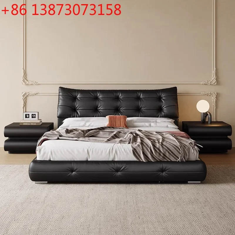 Italian minimalist leather bed master bedroom queen bed retro black bear bed high-end atmospheric soft bag high box storage