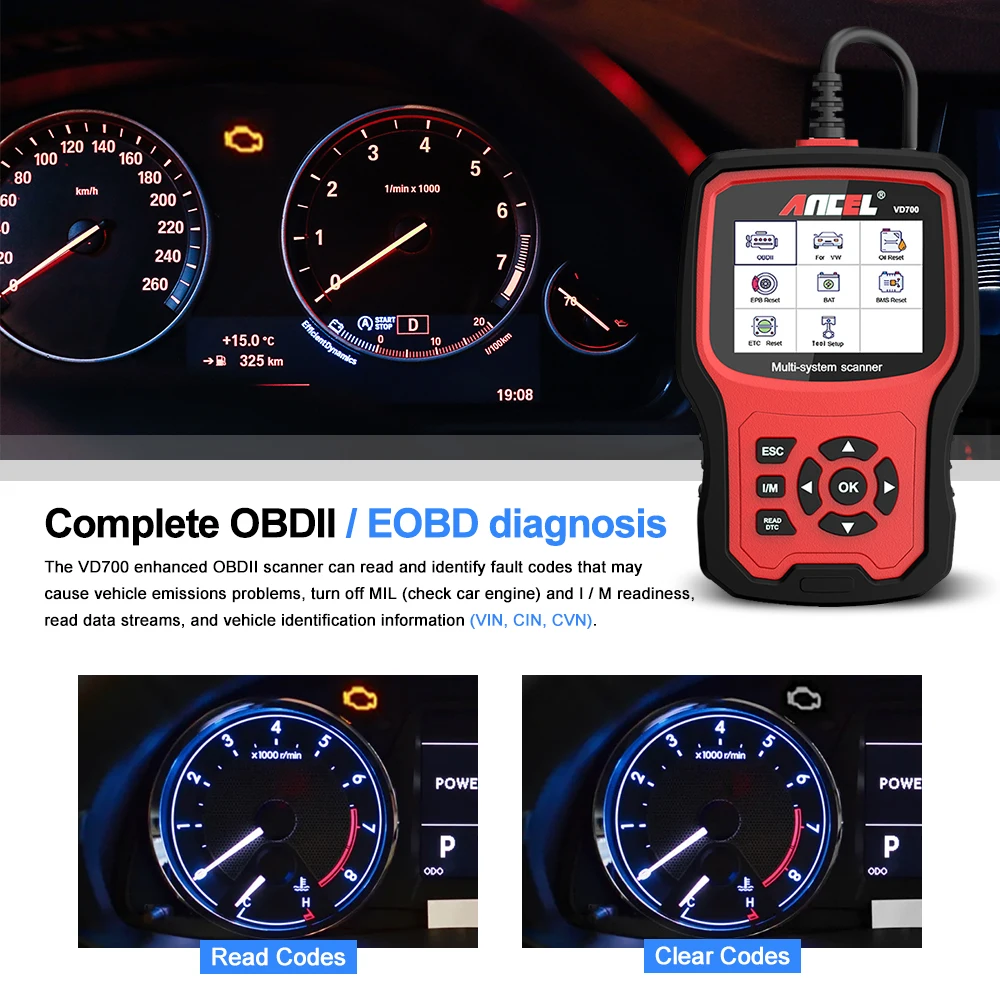 ANCEL 자동차 스캐너 풀 시스템 EPB DPF 오일 TPMS BMS 에어백 리셋 OBD 자동차 진단 도구, VW 아우디 스코다 시트용, VD700 OBD2