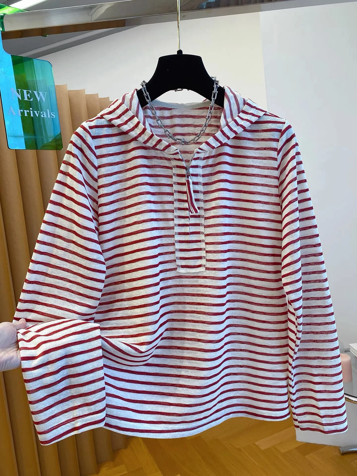 

Korean Retro Hooded Striped T-Shirt Women's Long Sleeve Loose Slimming Fashion Base Shirt Top Casual Comfortable Breathable