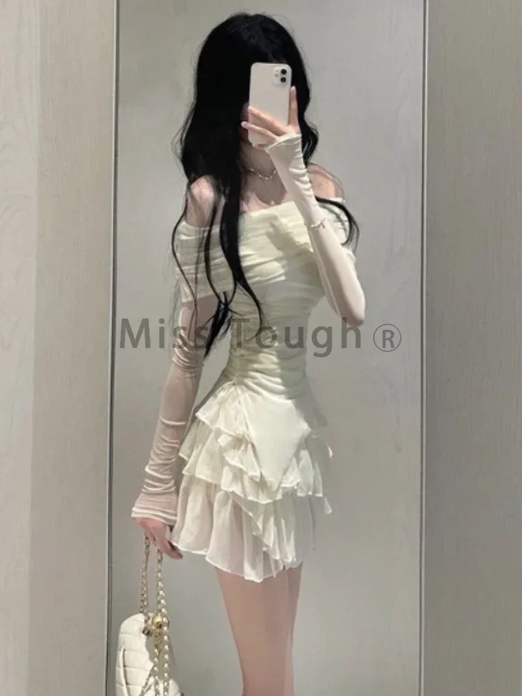 2024 Frence Fairy New Two Pieces Set Women Slash Neck elegante Slim Party gonna Suit femminile coreano Sexy top + Sweet Cake gonne