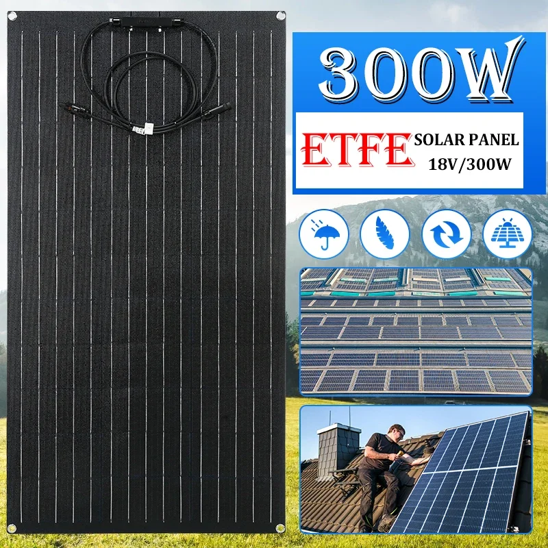 

ETFE 300W Solar Panel 18V Semi-flexible Monocrystalline Sola- Cell DIY Cable Outdoor Car RV Waterproof Rechargeable Power System