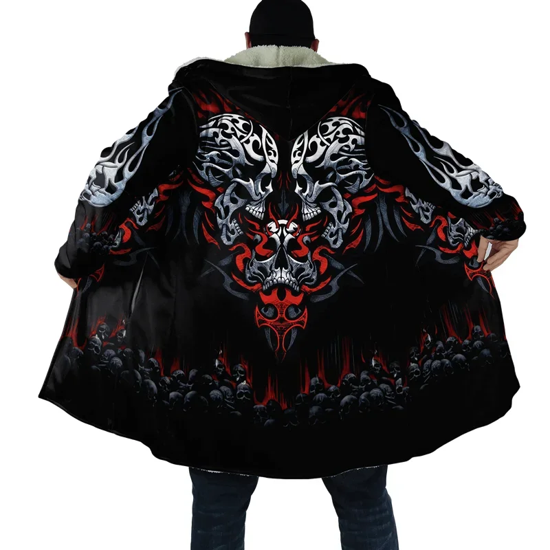 

Fashion winter Mens Cloak Fire Reaper Skull Tattoo 3D Print Full Fleece Hooded Coat Unisex Casual Thick Warm Cloak Coat -147