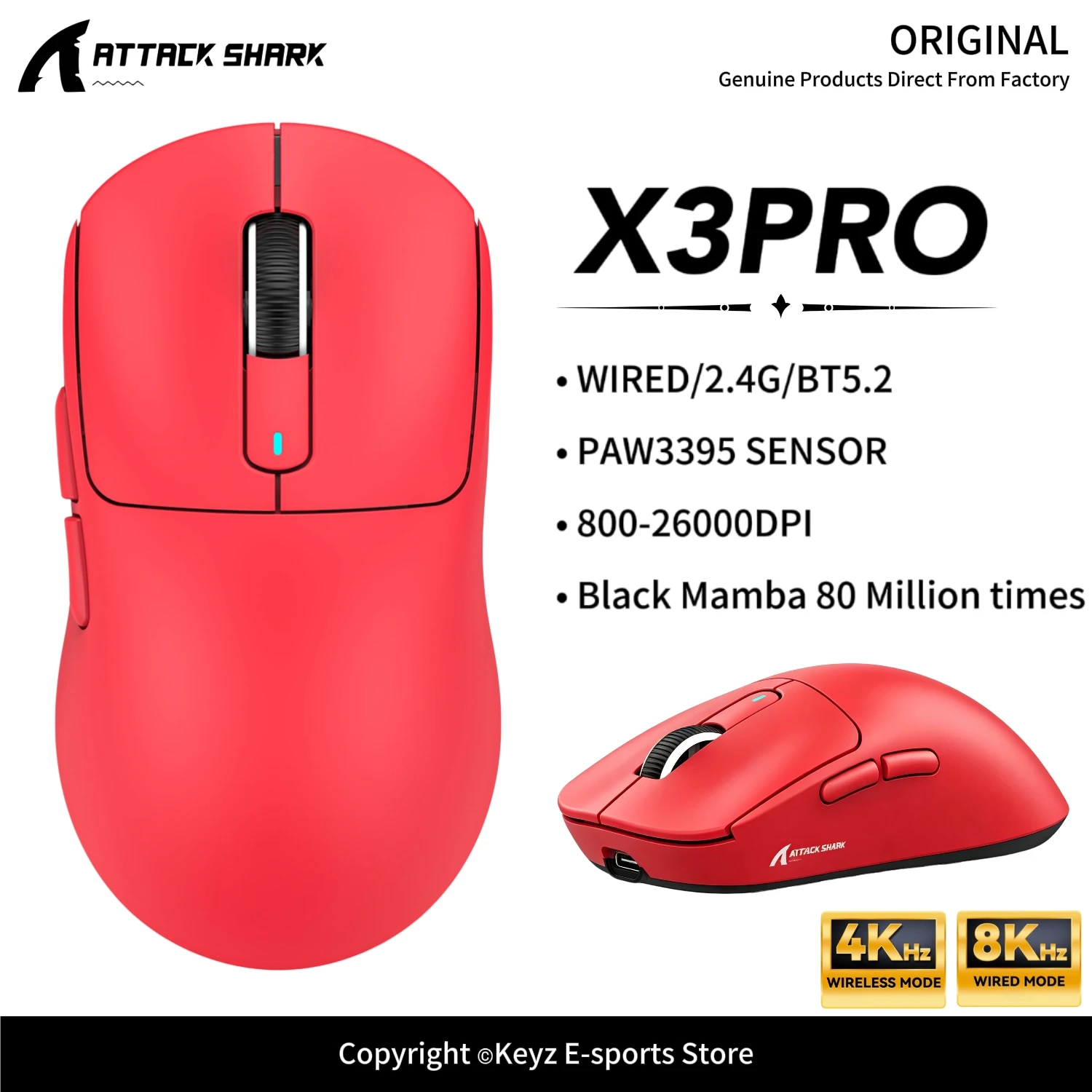 ATTACK SHARK X3Pro X3 PAW3395 26000DPI Tri-Mode Wireless Gaming Mouse 4K Polling Rate 8K Wired Black Mamba 80M Macro Driver