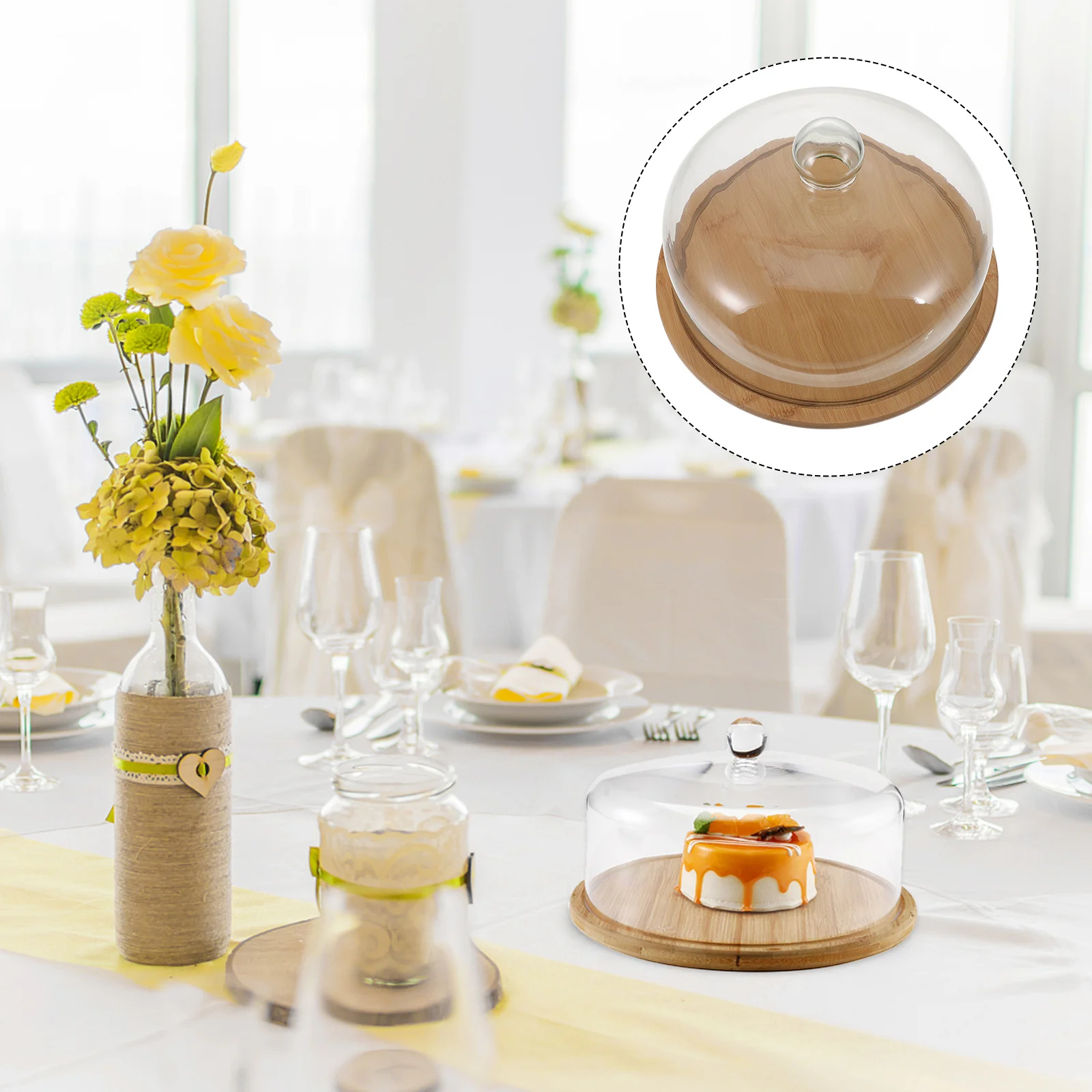 

1Set Clear Glass Cake Cover Bamboo Wood Tray Food Dustproof Protection Ideal for Birthday Party Dessert and Cake