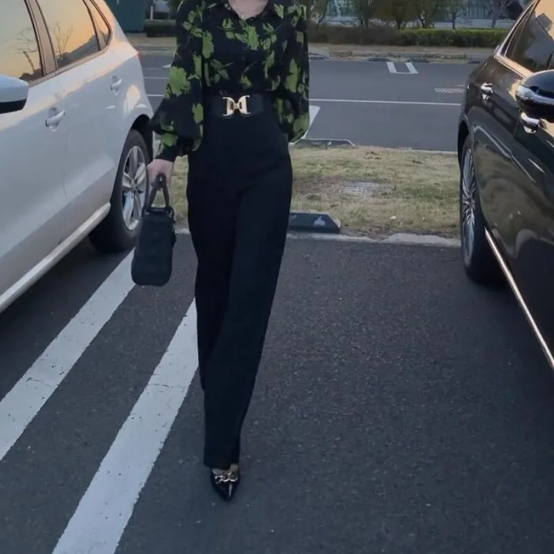 Spring and Autumn Women's Solid Colors High Waist Loose Wide Leg Pants Fashion Button Commuter Korean All-match Trousers