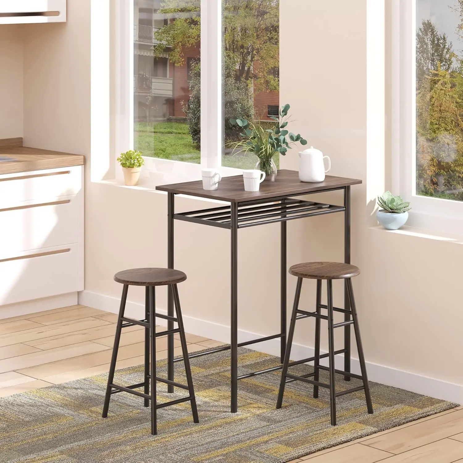 Homcom 3 Piece Counter Height Bar Table And Chairs Set, Space Saving Dining Table With 2 Matching Stools, Storage Shelf Metal