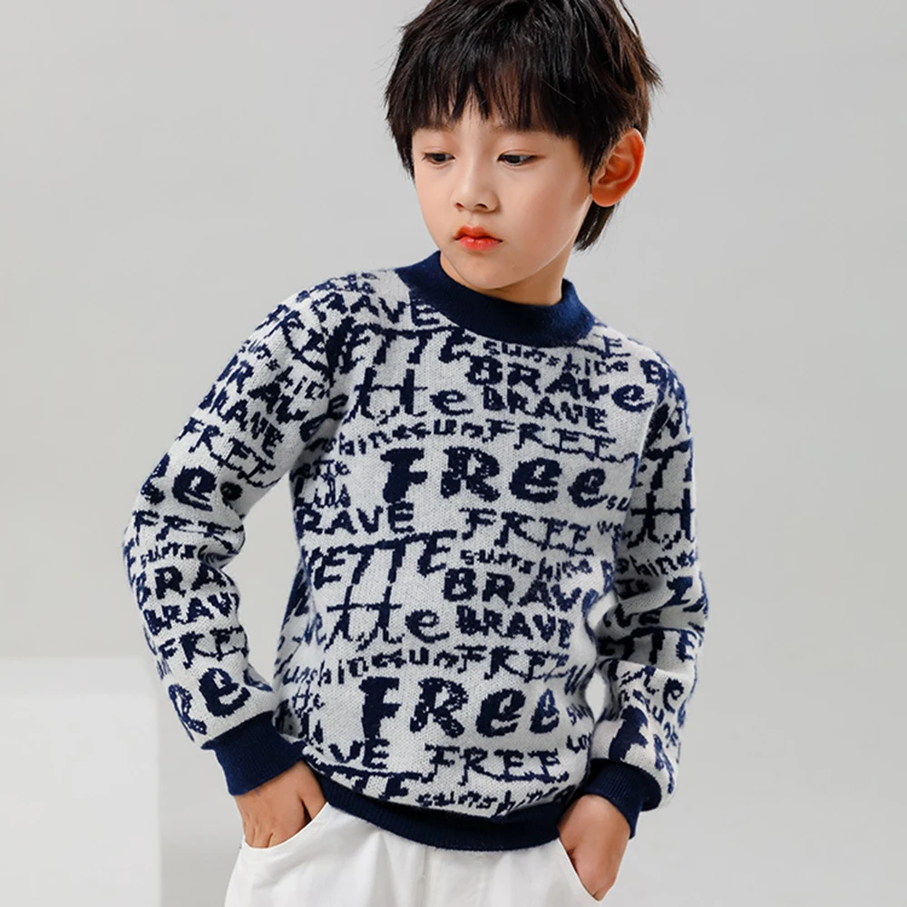 

Children cashmere knitted sweater Boy girl Round neck thickening pullover Alphabet Color blocking Cashmere base sweater Kids Top